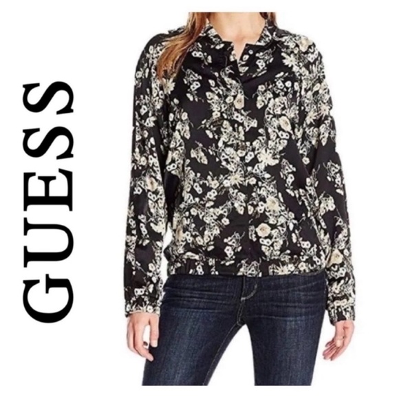 GUESS Black Satin Style Floral Bomber Coat Size Small - Picture 1 of 7